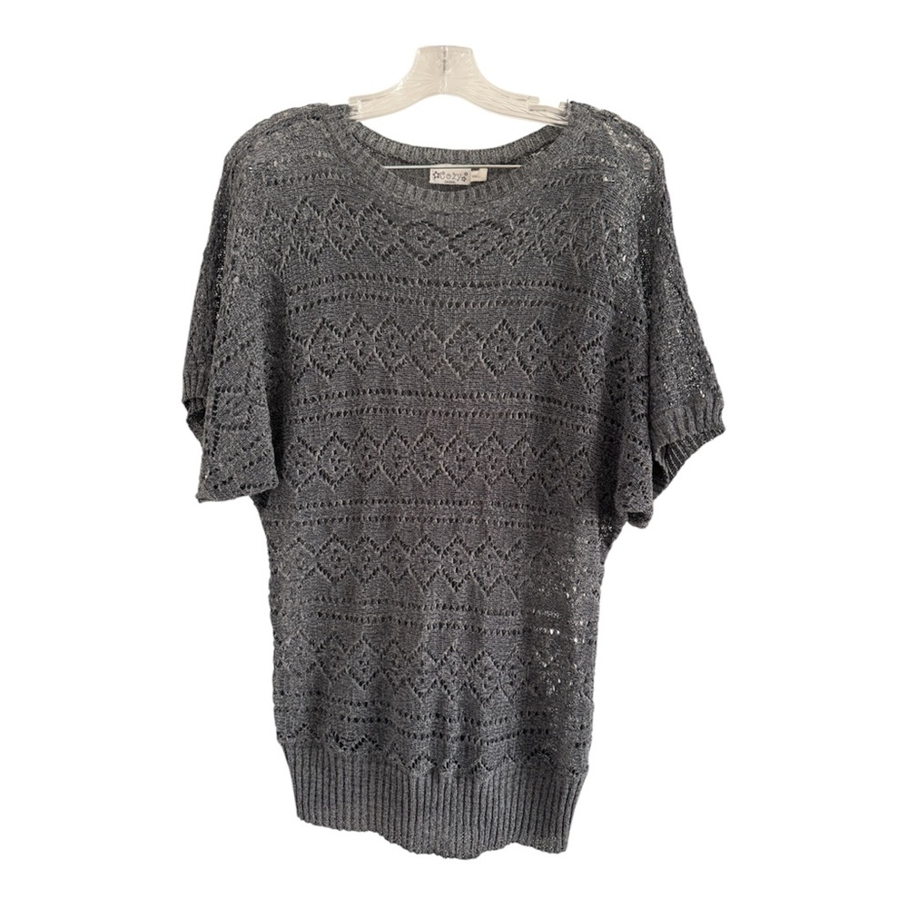COZY CASUAL Women's Gray Short Sleeve Lace Hem Pull Over Sweater-X LARGE